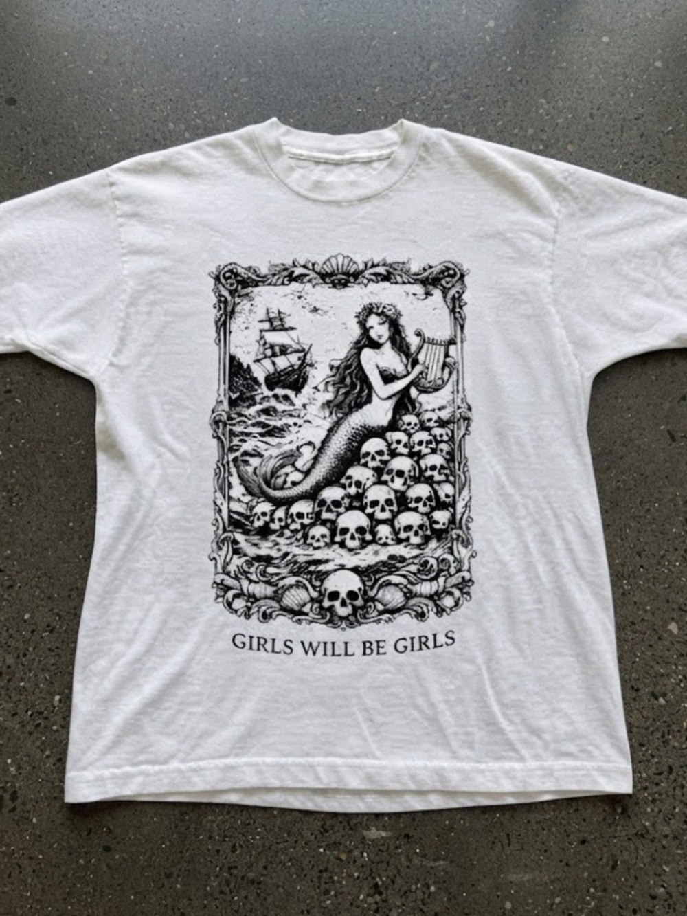 Girls Will Be Girls Siren Skull Mermaid Graphic White Heavy Cotton Gildan T-Shir